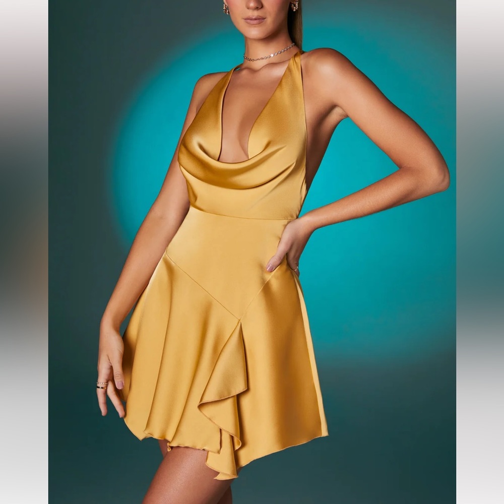 Oh Polly halter cowl neck mini dress in gold, size US 4.